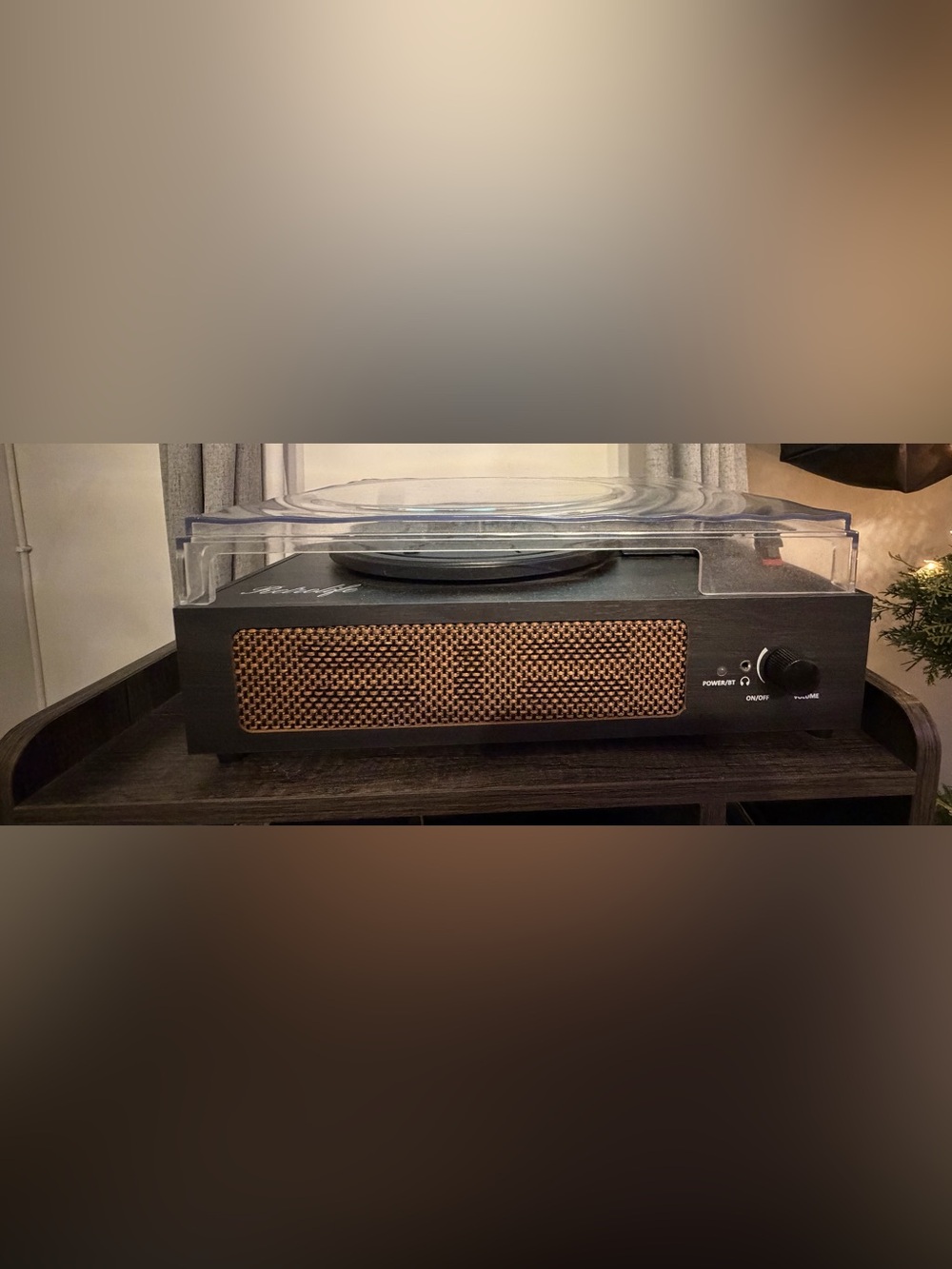 Vintage-Style Turntable with Brown Woven Front Panel